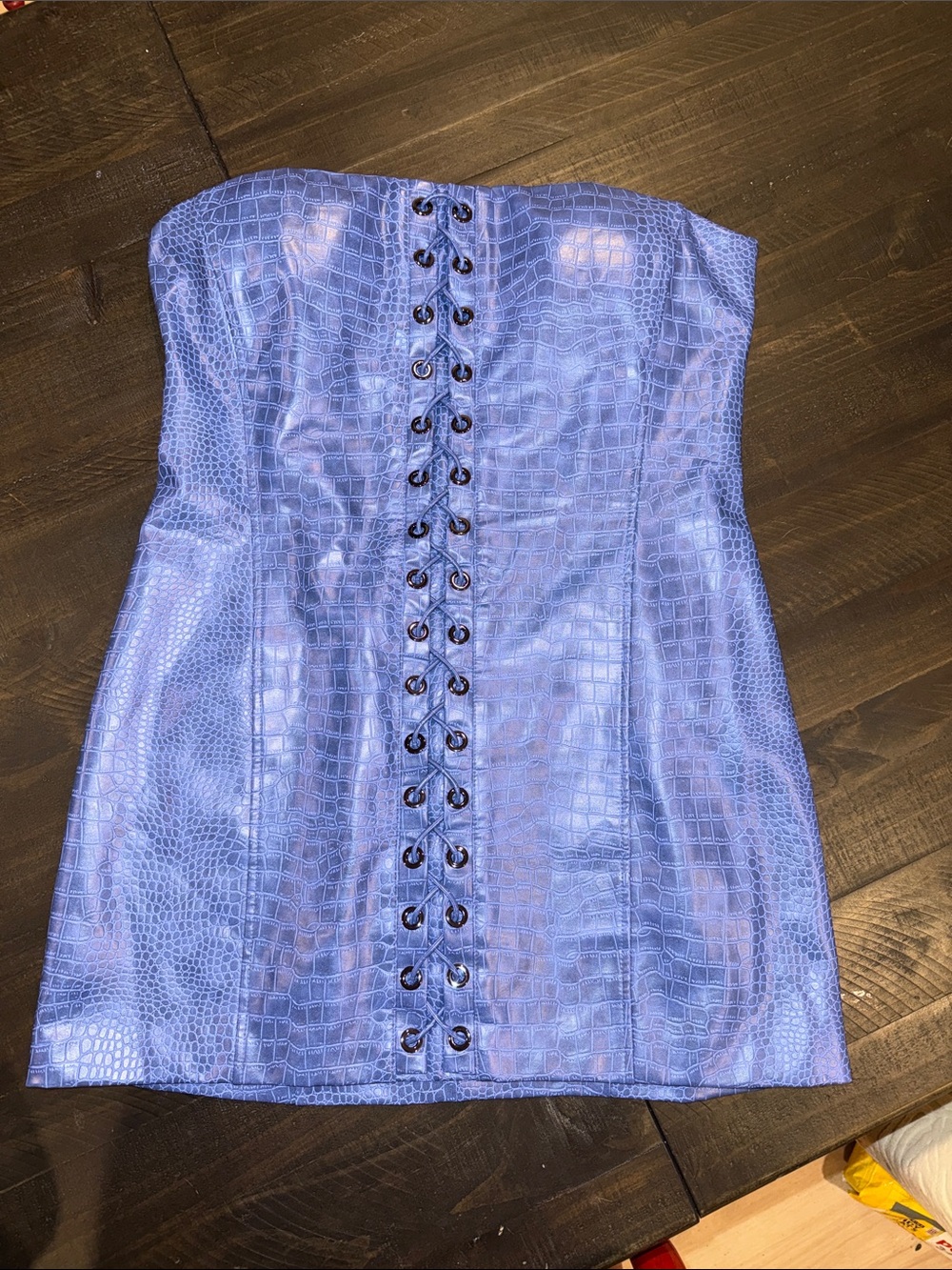 NWOT naked wardrobe Blue Croc-Embossed Lace-Up Strapless Mini Dress